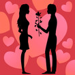 caucasian couple man offering rose and woman silhouette