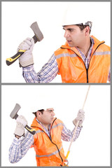 man with axe and protective gear