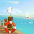 sea, gull, pier, and lifebuoy