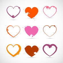 Heart Set. Valentine Symbols With Splashes, Stains, Blots.
