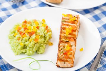 Creamy avocado rice with grilled salmon