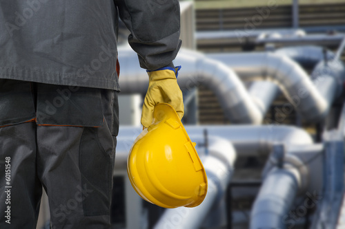 Fotografie, Obraz worker with helmet in front of production hall