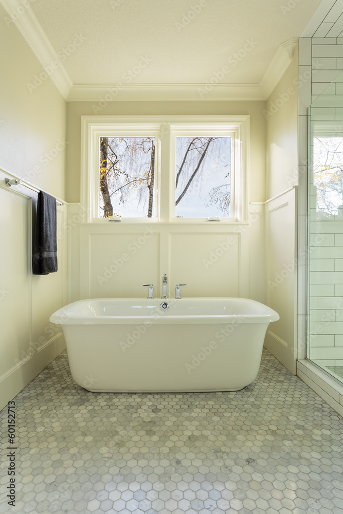 Master Bathroom Bathtub with Windows - obrazy, fototapety, plakaty 