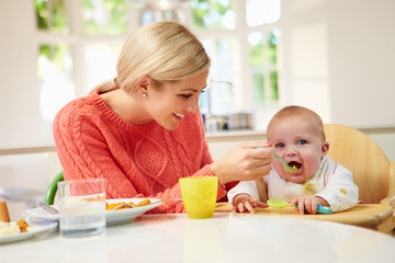 Mother Feeding Baby Sitting In High Chair At Mealtime