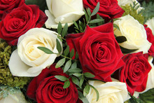 Red And White Roses In A Bridal Bouquet