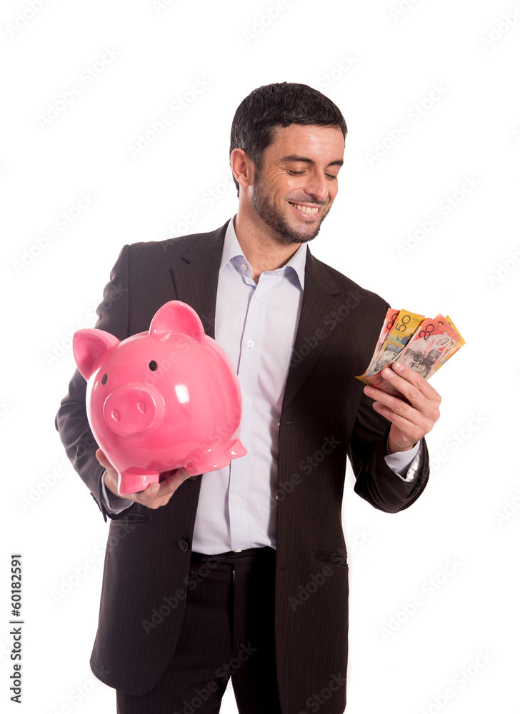 happy business man holding piggy bank with Australian Dollars Stock ...