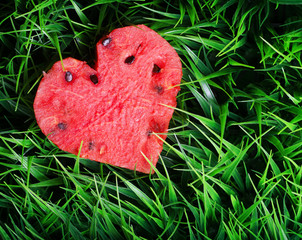 Wall Mural - Watermelon heart on green grass. Valentine concept