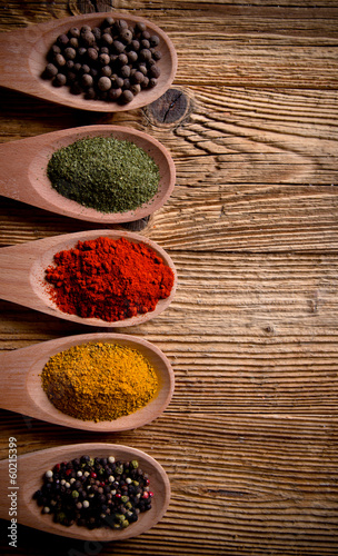 Assorted spices on wooden background Canvas Print