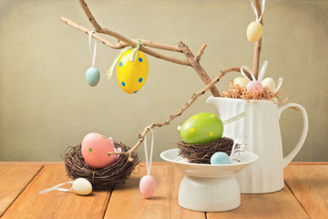 Wall Mural - Easter eggs decorations with branches and bird nest