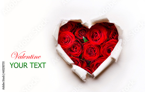 Fotografie, Obraz Paper Valentines Heart with Red Rose Flowers Bouquet