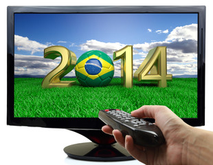 Wall Mural - 2014 and soccer ball with Brazil flag on tv