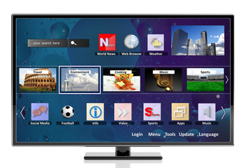 3D smart tv with icons, isolated on white background