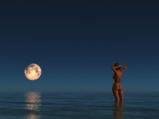 moon over the sea and a woman