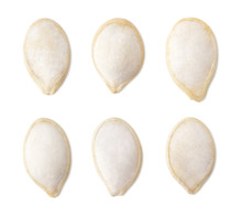 Set Of Single Salted Pumpkin Seeds On White With Clipping Path