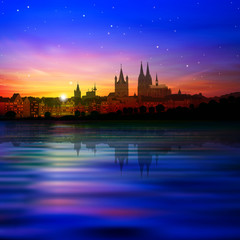 Wall Mural - abstract background with silhouette of cologne and sunset