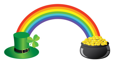 Wall Mural - vector rainbow with pot with gold ans hat with shamrock