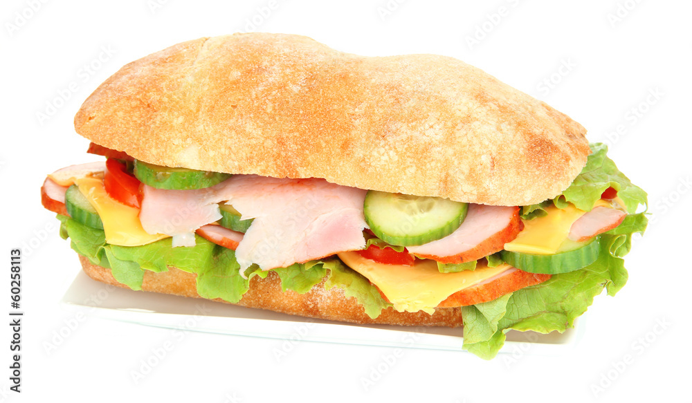 Fresh and tasty sandwich with ham and vegetables isolated