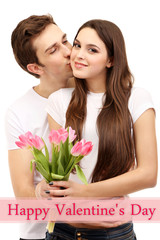 Poster - Loving couple with tulips isolated on white