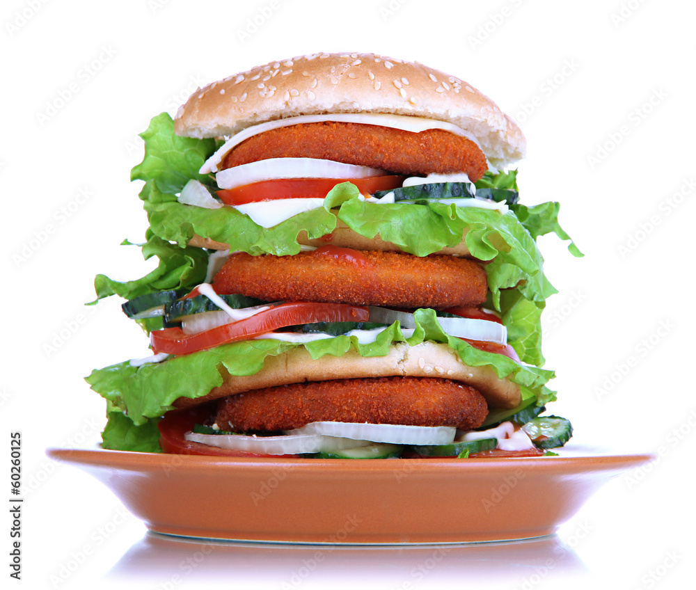 Huge burger on color plate, isolated on white