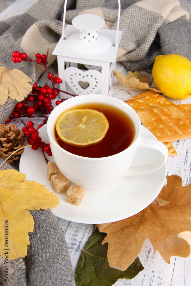Cup of tea with lemon close up