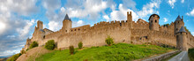 Panoramic View Of Carcassonne Medieval City Walls At Late Aftern