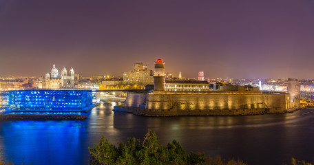 Wall Mural - Night view of Fort Saint-Jean and Cathedral in Marseille, France