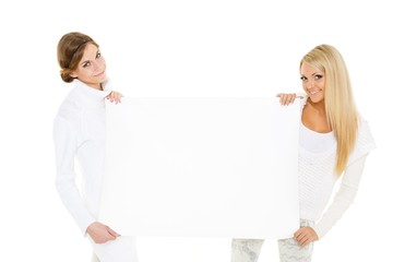 young women with empty board for the text.