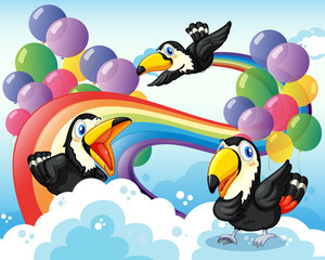 Wall Mural - Three birds near the rainbow and balloons