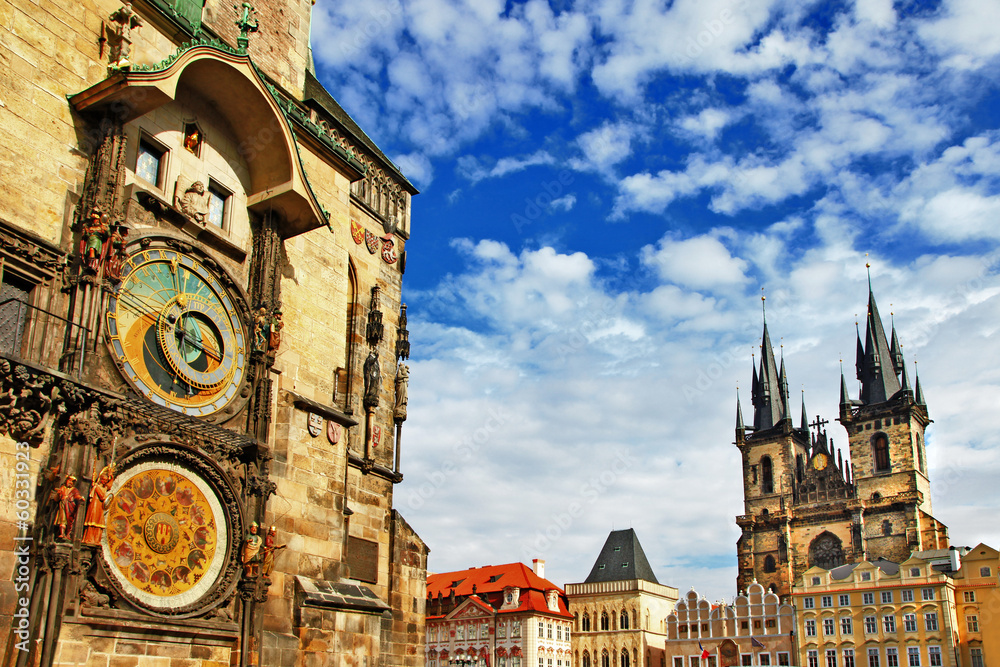 Prague, Czech Republic - view of square and astronomical clock - obrazy, fototapety, plakaty 