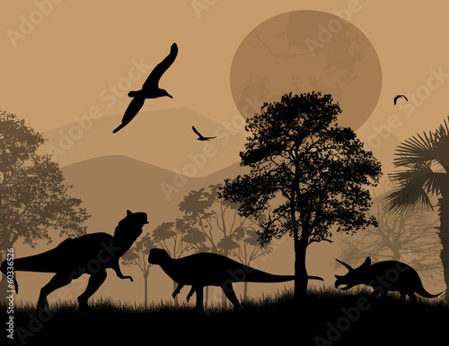 Plakat na zamówienie Dinosaurs silhouettes in beautiful landscape