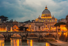 Vatican And River Tiber In Rome - Italy At Night .