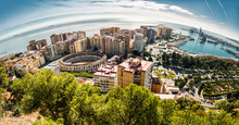 Panoramic View Of Malaga Bullring And Harbor. Spain