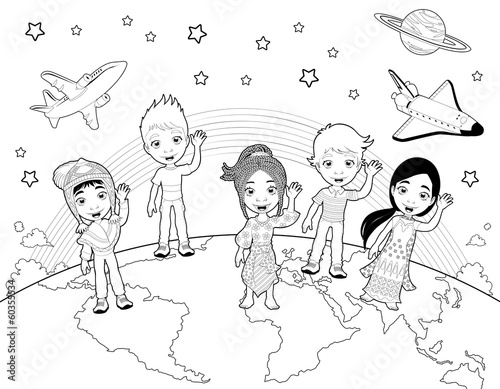 Children on the world in black and white.