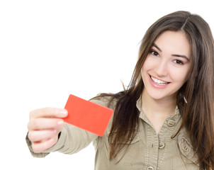 beautiful friendly smiling confident girl showing red card in ha