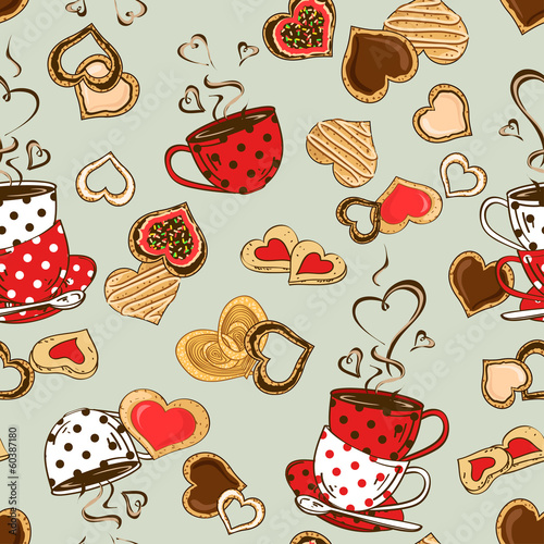 Obraz w ramie Seamless pattern of teacups and cookies