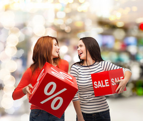 Wall Mural - smiling teenage girl with percent and sale sign