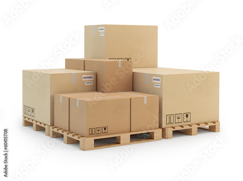 Fotografie, Obraz Cardboard boxes on a pallet. Isolated on white background.