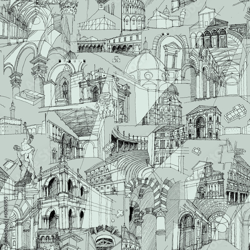 Plakat na zamówienie Historic Italian Architecture Collage seamless pattern