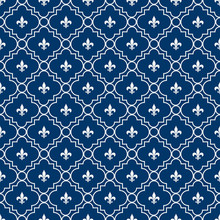White And Blue Fleur-De-Lis Pattern Textured Fabric Background