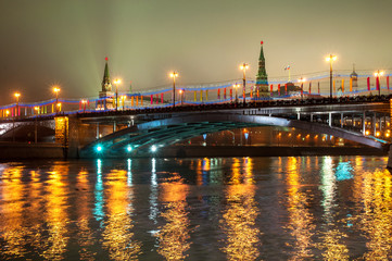 Fototapete - Moscow river, bridge and Kremlin towers