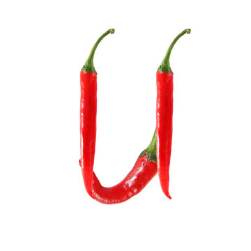 Font made of hot red chili pepper isolated on white - letter U