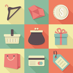 Poster - Vector Vintage Shopping Flat Icons Set