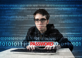 Aufkleber - Young geek hacker stealing password
