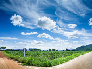 rural crossroad green grass and blue sky