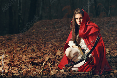 Fényképezés Little red riding hood in the dark forest