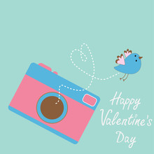Photo Camera With Flying Bird.  Happy Valentines Day Card.