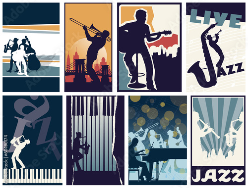 Fototapeta na wymiar Set of 8 different vector jazz posters