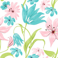 Poster - Floral seamless pattern or background, retro style over white