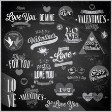 Valentine`s Day Set - Emblems And Other Elements - Chalkboard.
