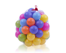 Colorful Toy Balls In Mesh Bag Isolated On White